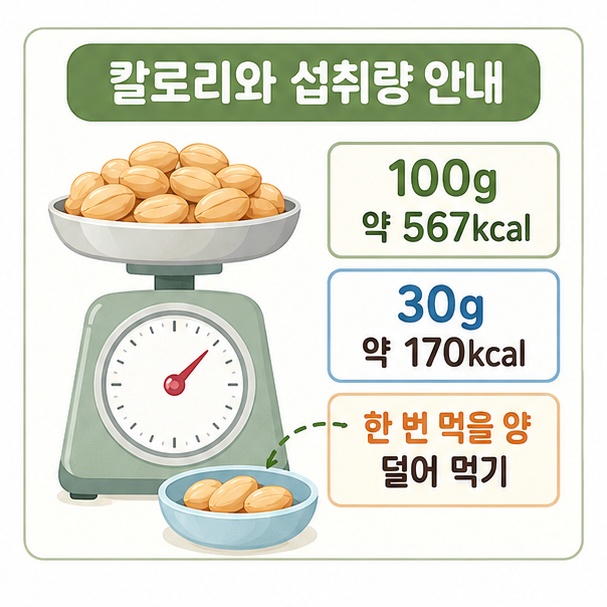 땅콩 100g은 약 567kcal이고 30g은 약 170kcal임을 비교한 이미지