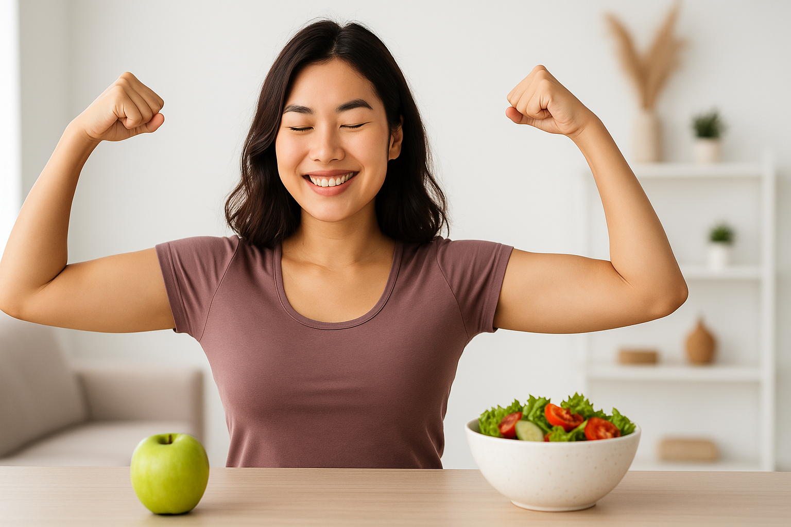 여성이 두 팔을 들어 보이며 미소 짓고 있는 모습,그녀는 건강한 인상을 주며, 앞 테이블에는 신선한 샐러드와 초록색 사과가 놓여 있다. 자신감 있는 표정과 건강한 분위기가 어우러져 있다.