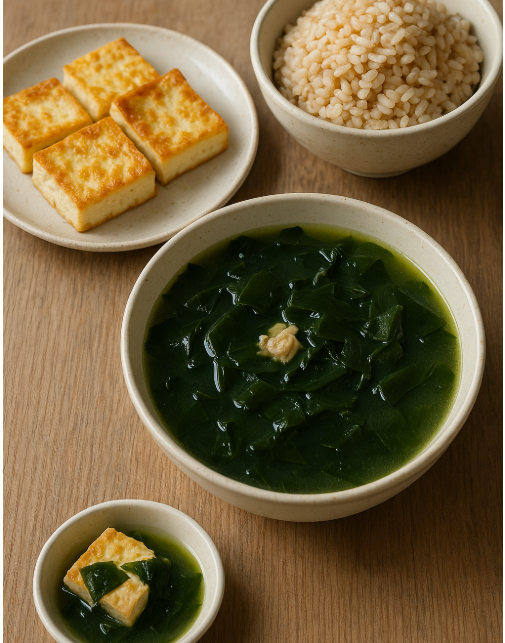 현미밥 미역국 두부 음식사진