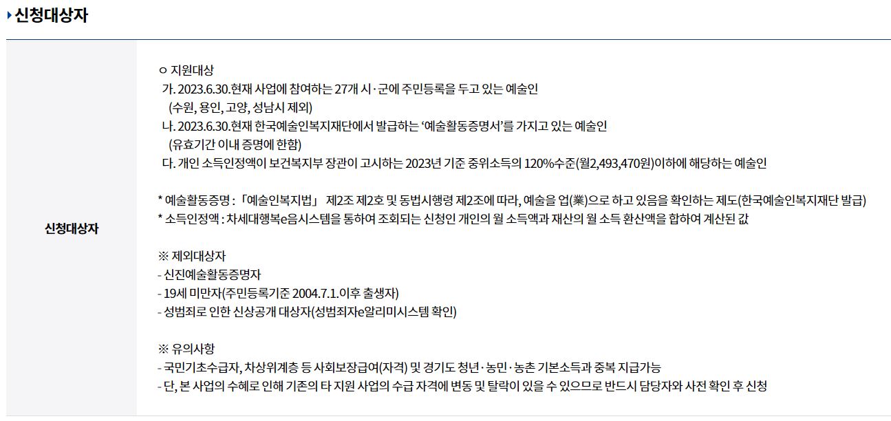 경기도 예술인 기회소득 신청 대상자