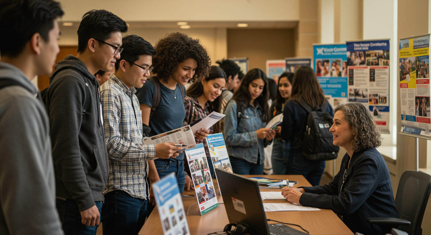 취업준비를 위해 취업설명해에 여럿이 질문등을 하는 모습