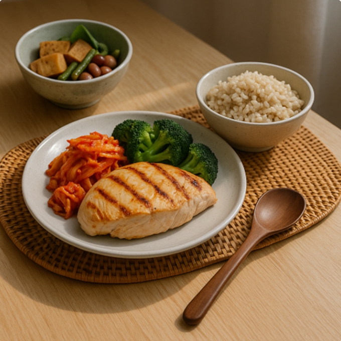 한국식 고단백 저당 식단 — 구운 닭가슴살, 찐 브로콜리, 현미밥, 김치, 두부가 자연광 아래 정갈하게 놓인 모습