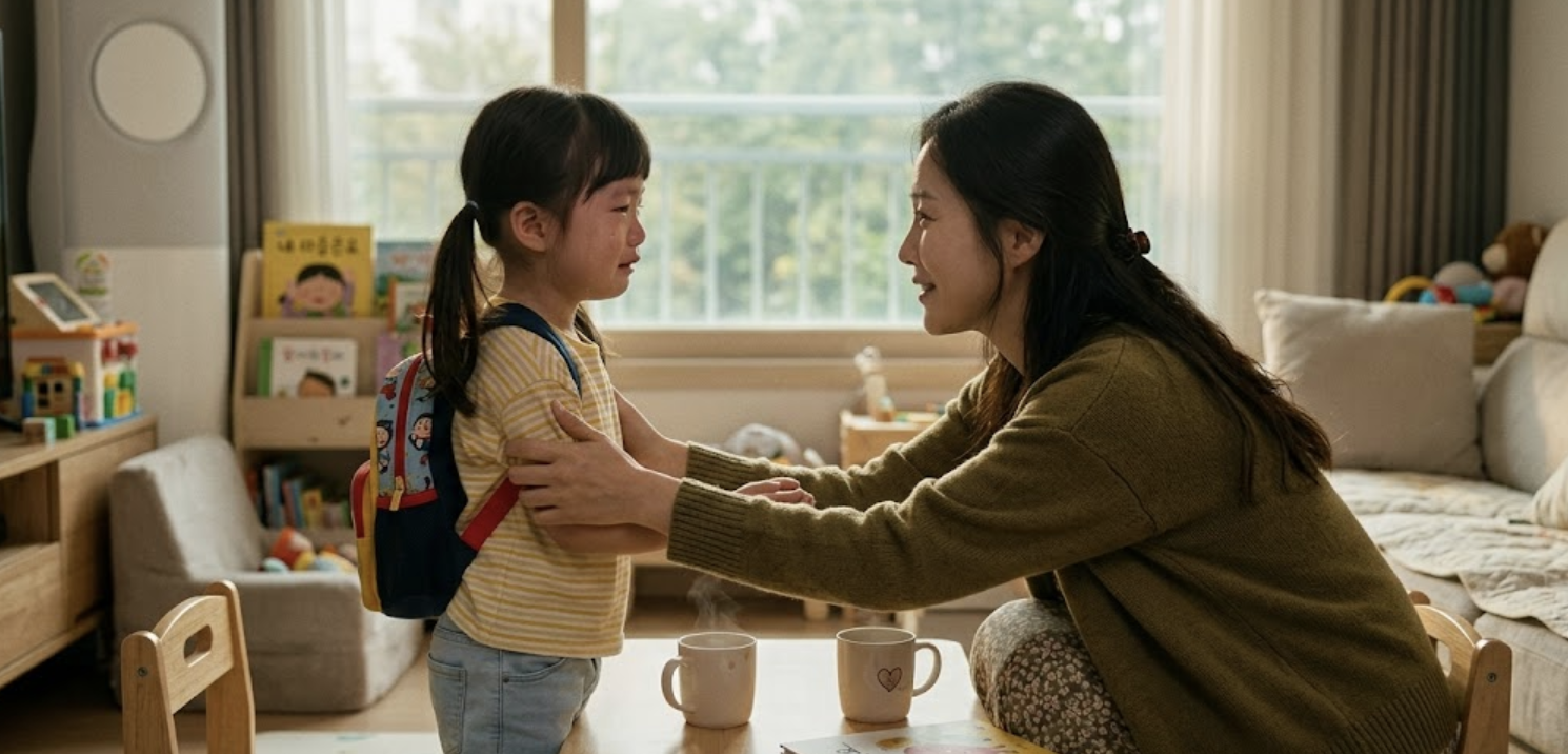 유치원 하원 후 거실에서 울먹이는 아이의 어깨를 감싸 쥐고 눈을 맞추며 달래주는 엄마의 모습