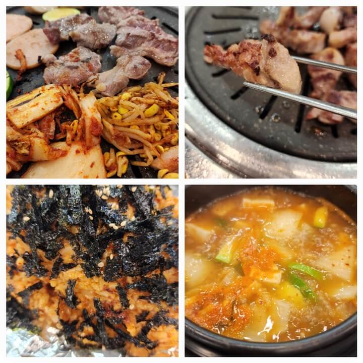 구운고기와 볶음밥과 된장찌게