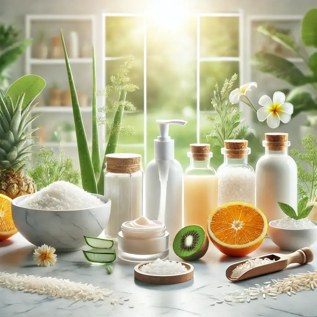 밝은 창가에 배치된 자연 성분 스킨케어 제품과 과일, 건강한 피부 관리를 위한 미백 효과 강조