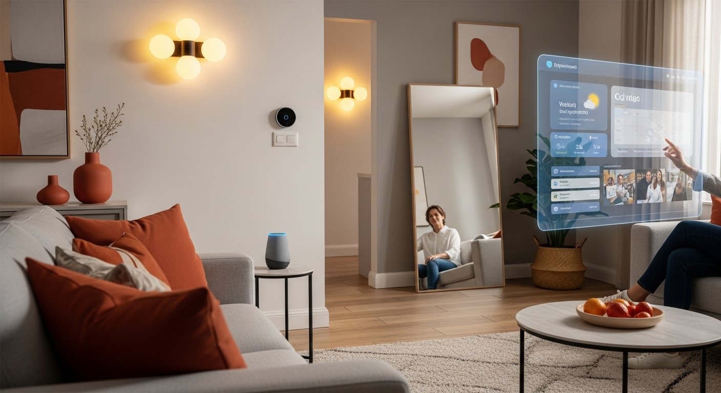 AI 음성 비서, 스마트 조명, 온도 조절 장치 등 최신 기술이 통합된 아늑하고 현대적인 스마트 홈 거실의 모습.
