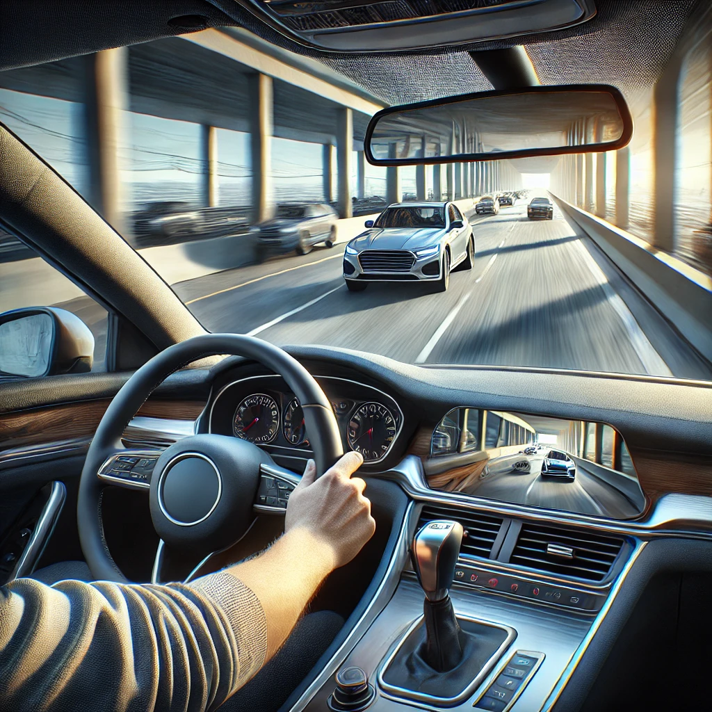 고속도로에서 차선 변경 전 사이드미러를 확인하는 운전자. 현대적인 자동차 내부와 기어 레버를 잡고 있는 운전자의 손이 보이며, 거울에는 멀리 다른 차량들이 보임