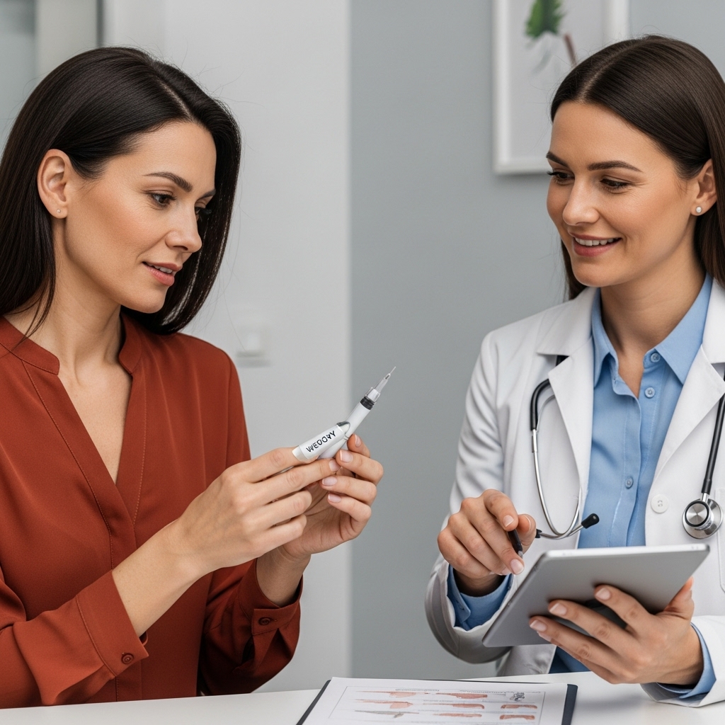 여성 환자와 의사가 위고비 주사 펜을 보며 건강 차트를 논의하는 장면. 의사가 환자에게 위고비 치료에 대해 자세히 설명하고 있다.