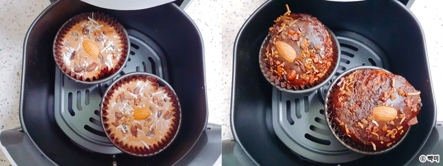 단백질빵 반죽을 에어프라이어에 넣기 전 후 모습