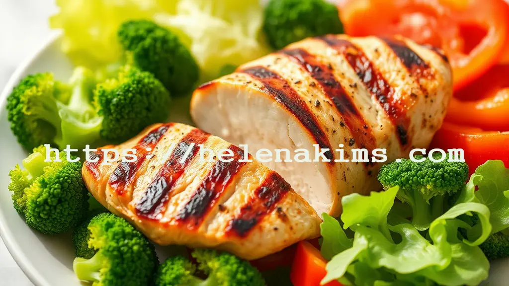 하얀 접시에 브로콜리, 토마토 등 싱싱한 채소와 구운 닭가슴살이 담겨 있는 모습.