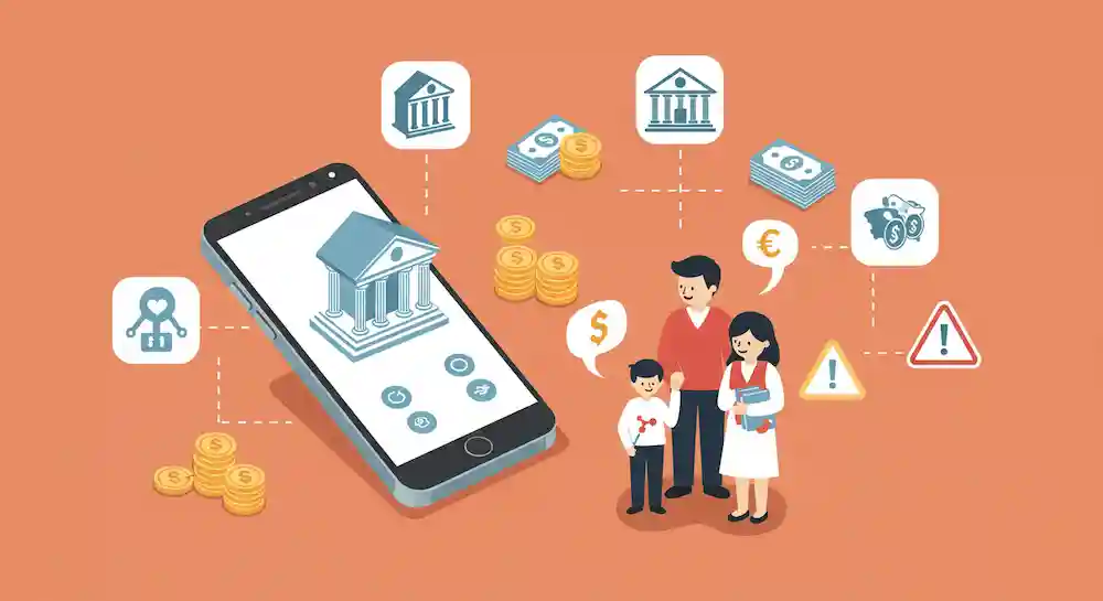 모바일 뱅킹으로 가족 간 송금을 하는 한국 가족의 컨셉 일러스트. 은행 아이콘, 돈, 경고 표식이 함께 표현된 플랫 스타일 이미지