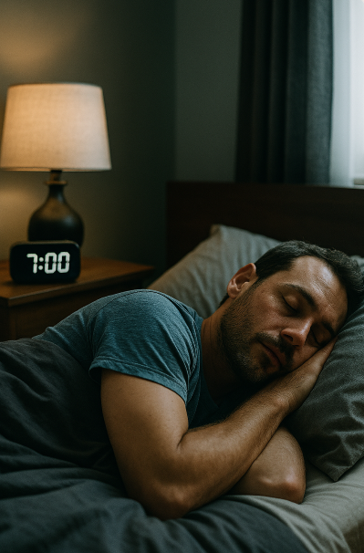 어두운 방에서 평화롭게 잠든 사람과 주변에 빛나는 세포 재생과 면역 아이콘이 어우러진 장면으로, 수면의 회복 메커니즘을 시각적으로 표현