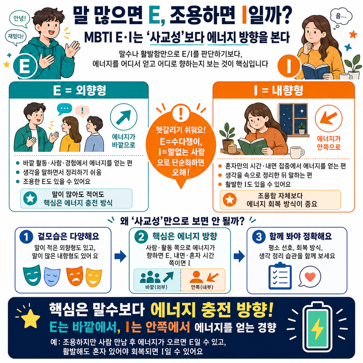 말 많으면 E, 조용하면 I일까? MBTI E&middot;I는 &lsquo;사교성&rsquo;보다 에너지 방향을 본다