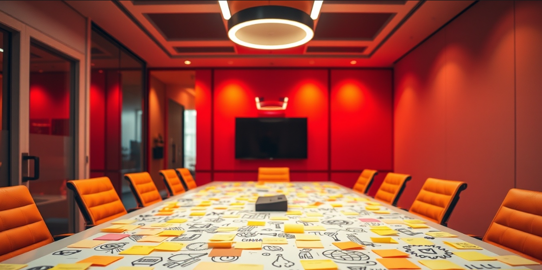 화려한 회의실에 포스트잇이 회의 테이블에 가득 덮여있는모습