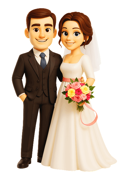 결혼하는 남자와 여성이 웃으면서 나란히 서서 정면을 바라본다. 남자는 정장양복, 여자는 하얀 웨딩드레스를 입었다.