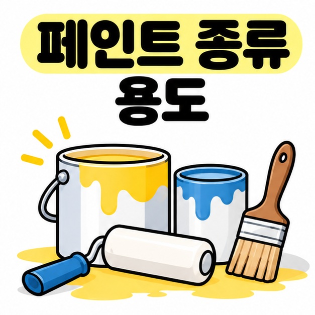 페인트 종류 용도 문구와 페인트 통, 롤러, 붓 아이콘을 보여주는 대표 카드