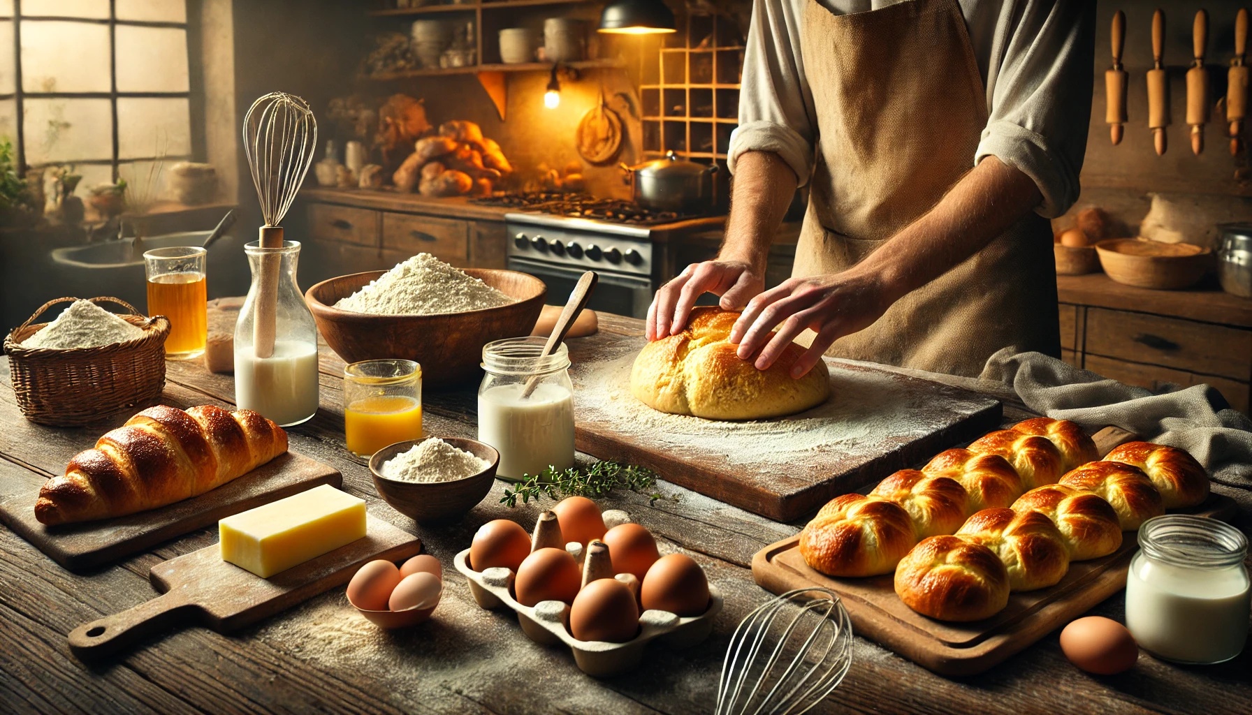 브리오슈를 손수 만드는 따뜻한 주방의 분위기를 담고 있습니다. 나무 조리대 위에 밀가루, 버터, 계란 등의 재료가 놓여 있으며, 반죽을 부드럽게 다루는 손길이 강조되어 가정적인 정성과 따뜻함을 느끼게 합니다.