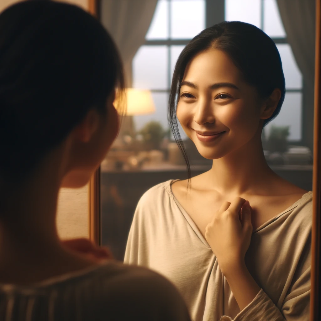 거울 앞에서 자신을 바라보며 따뜻한 미소를 짓고 있는 사람