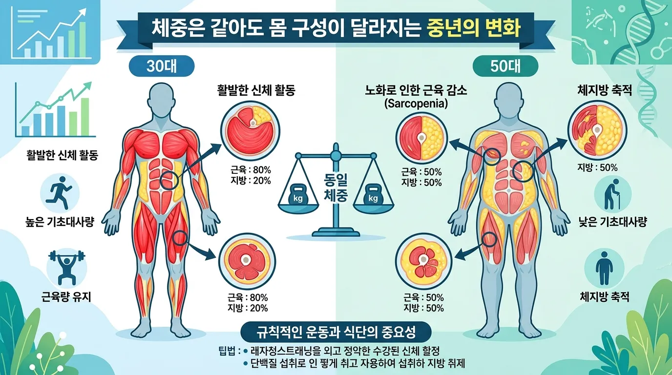 30대와 50대 근육-지방 비율 변화 비교 그림