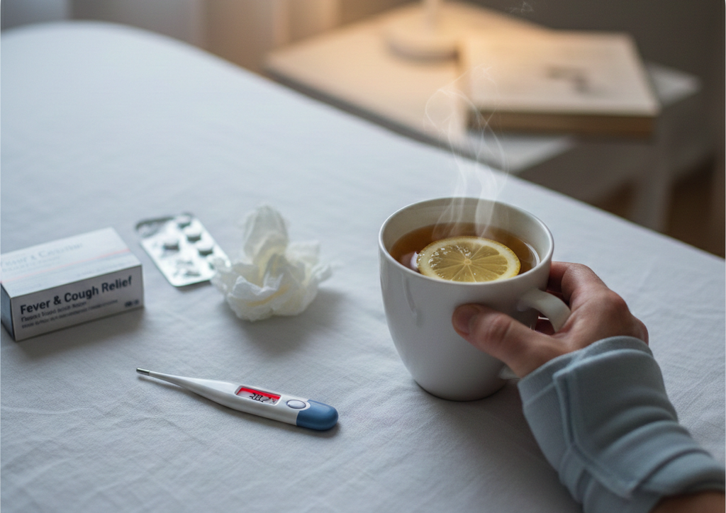 침대 위 흰색 시트 위에 놓인 체온계, 감기약 상자, 그리고 김이 모락모락 나는 레몬 티 한 잔을 들고 있는 아픈 사람의 손 모습. 배경에는 은은한 조명의 스탠드가 있어 독감이나 감기 몸살로 휴식을 취하는 차분하고 따뜻한 분위기의 이미지
