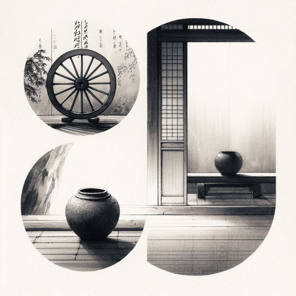 The empty hub of a wheel, an empty vessel, and an empty room, illustrating how 'nothingness' functions.