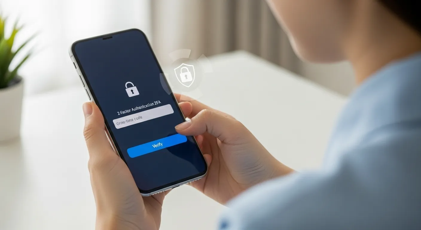 손에 들린 스마트폰 화면에 2단계 인증 코드 입력 창이 보이고, 보안 자물쇠 아이콘이 함께 표시되어 있다.