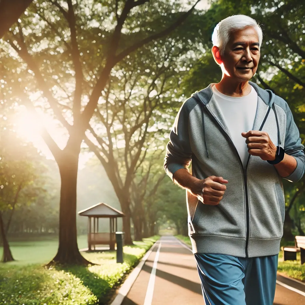 규칙적으로 아침 산책을 즐기고 있는 노인의 모습. 햇빛이 나무 사이로 비치며 평온한 분위기 속에서 산책로를 걷고 있다.