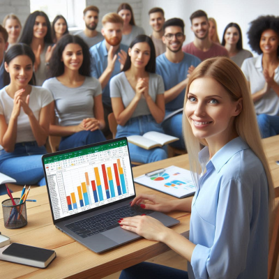 "여러 사람들이 발표 중인 데이터 분석을 경청하는 모습."