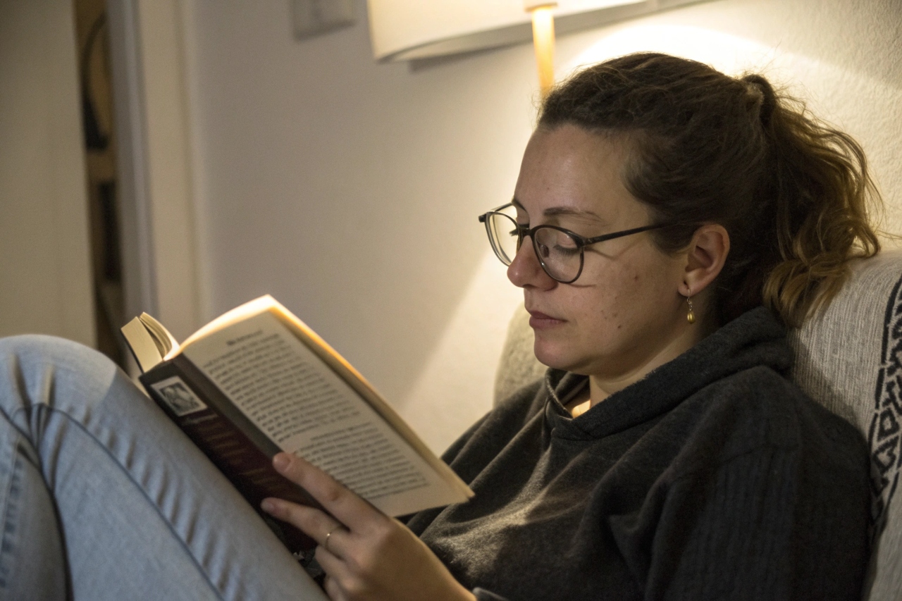 안경을 끼고 책을 읽는 여성