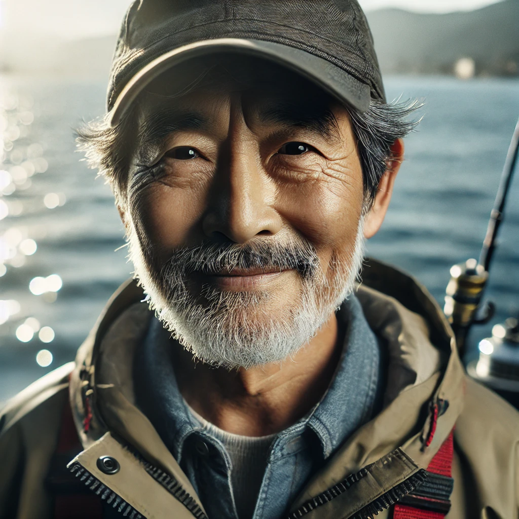 미소 짓는 한국 노년 어부의 근접 얼굴 사진