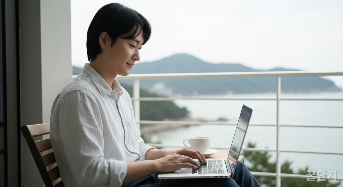 아름다운 자연을 배경으로 워케이션하며 업무에 집중하는 한국인