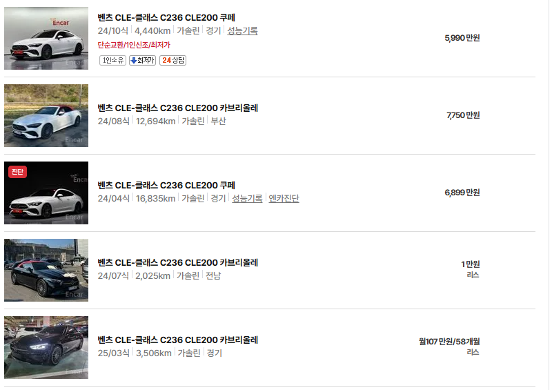 벤츠 CLE 중고차 가격 시세표 유지비