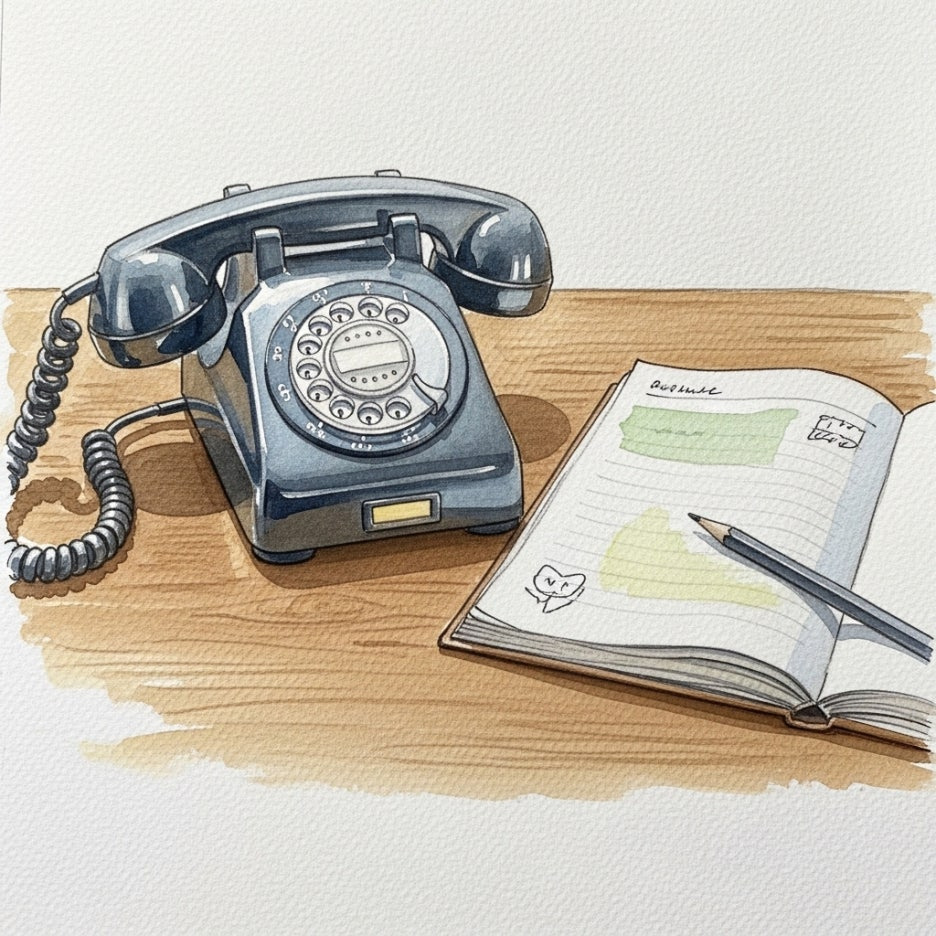 전화기와 메모장이 놓인 차분한 책상 위