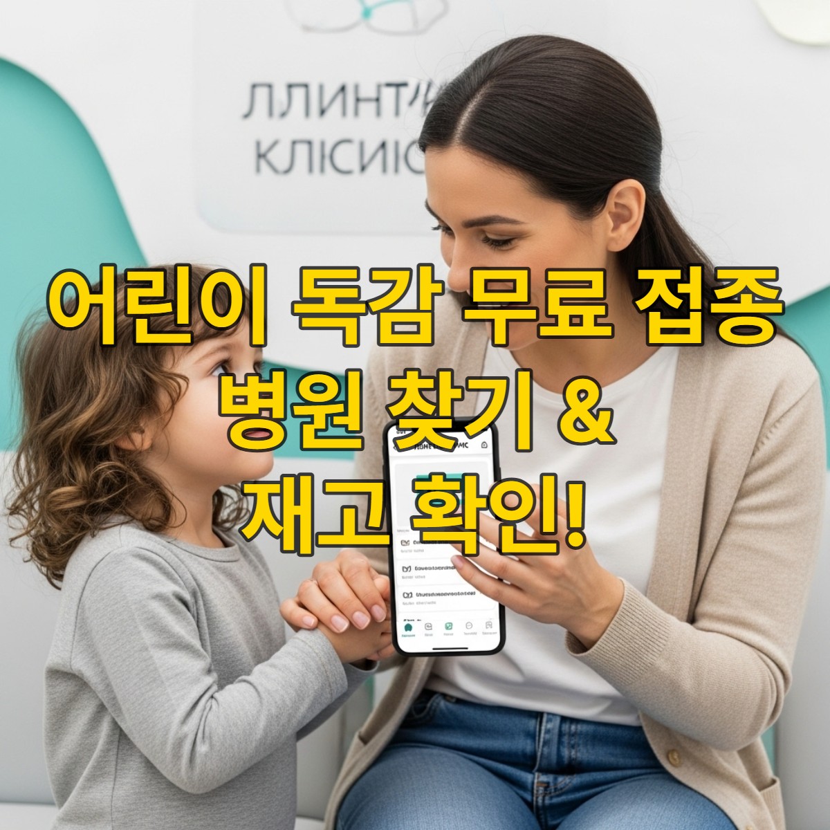 스마트폰으로 '예방접종 도우미' 앱을 보며 어린이 독감 무료 접종 병원을 찾아보는 엄마와 아이