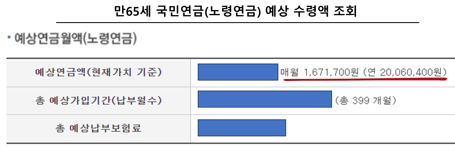 만65세 국민연금(노령연금) 예상 수령액 조회