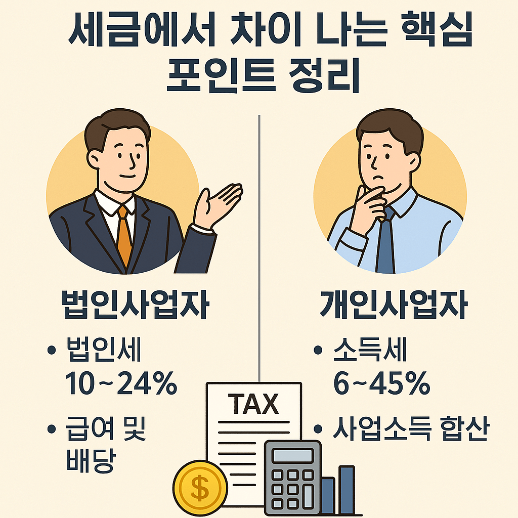 세금에서 차이나는 핵심포인트정리 써있고 양쪽으로 법인사업자 개인사업자 분류 되어 있고 계산기,세금영수증있음