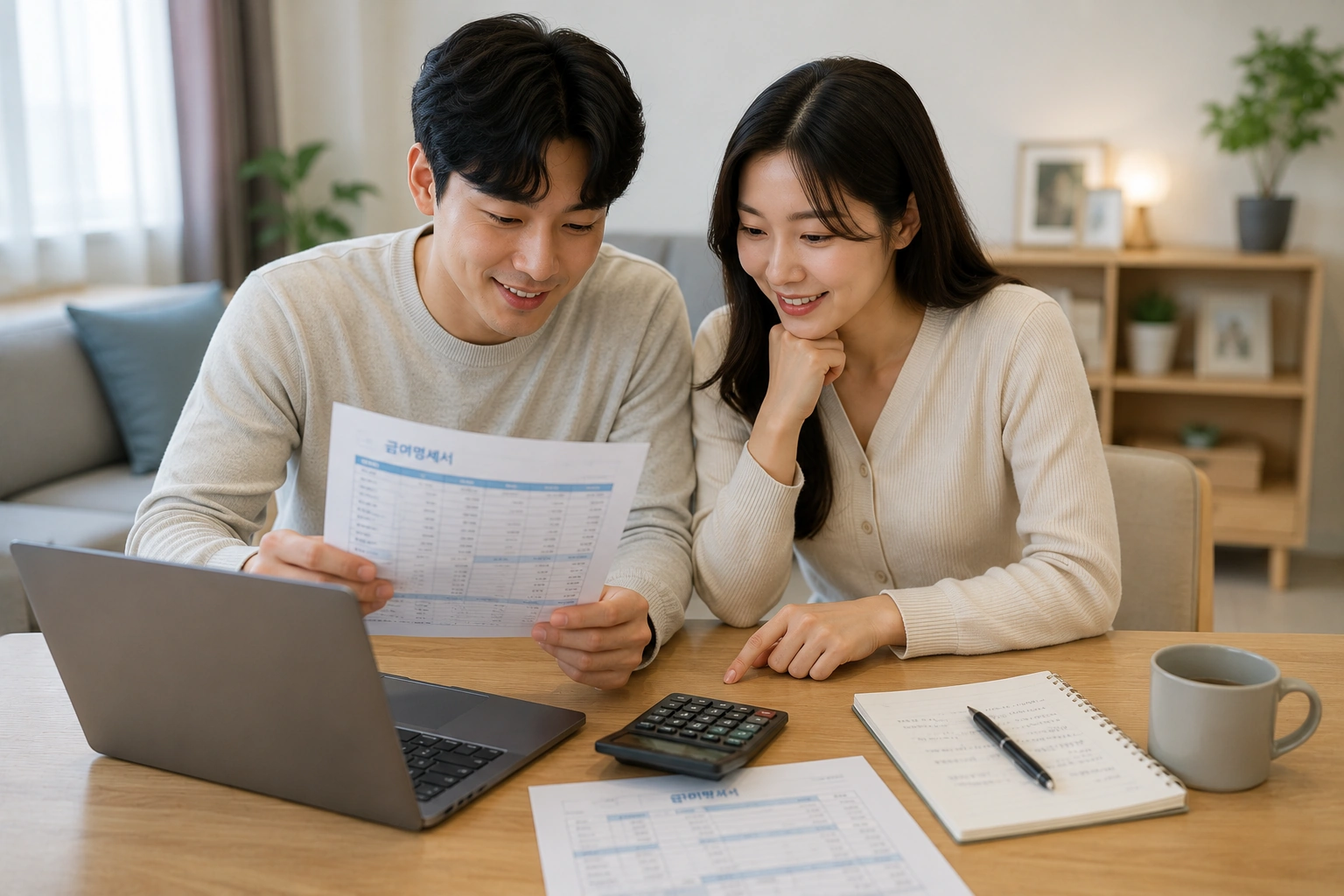 급여명세서를 확인하는 신혼부부