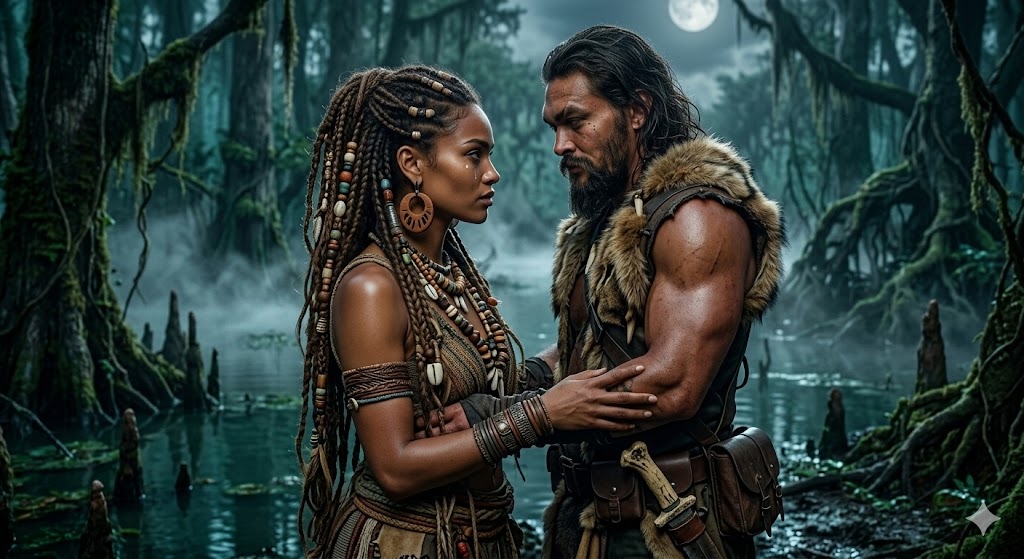 크레이븐 더 헌터 극 중 매혹적인 부두교 여사제 칼립소와 주인공 세르게이가 달빛 아래 숲속에서 서로의 상처를 어루만지며 대화하는 모습