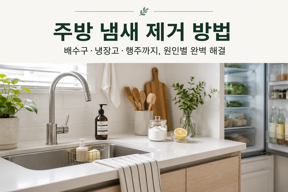주방 냄새 제거 방법을 소개하는 대표 이미지로, 깨끗한 싱크대와 냉장고를 배경으로 배수구 냄새, 냉장고 냄새, 행주 냄새를 원인별로 관리하는 방법을 보여주는 모습