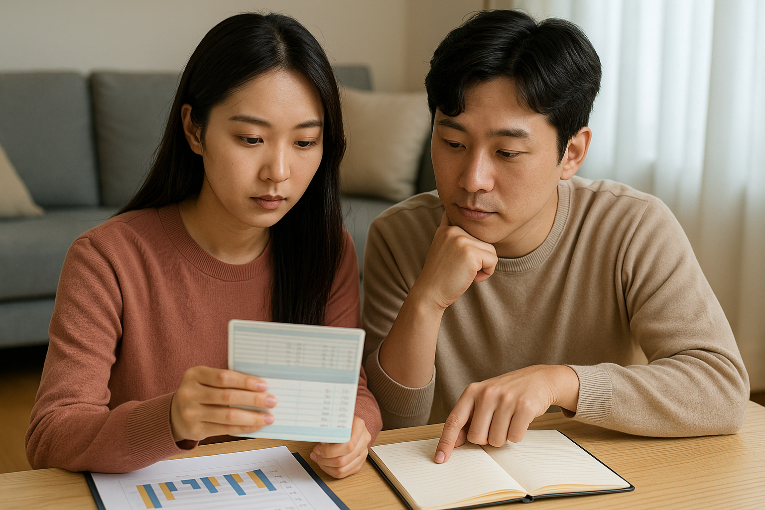 청약통장 내역을 보며 주거 계획을 세우는 커플의 모습