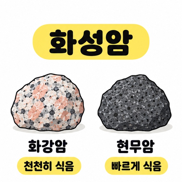 화성암 제목 아래 화강암은 천천히 식음, 현무암은 빠르게 식음 문구와 함께 두 암석을 비교한 그림
