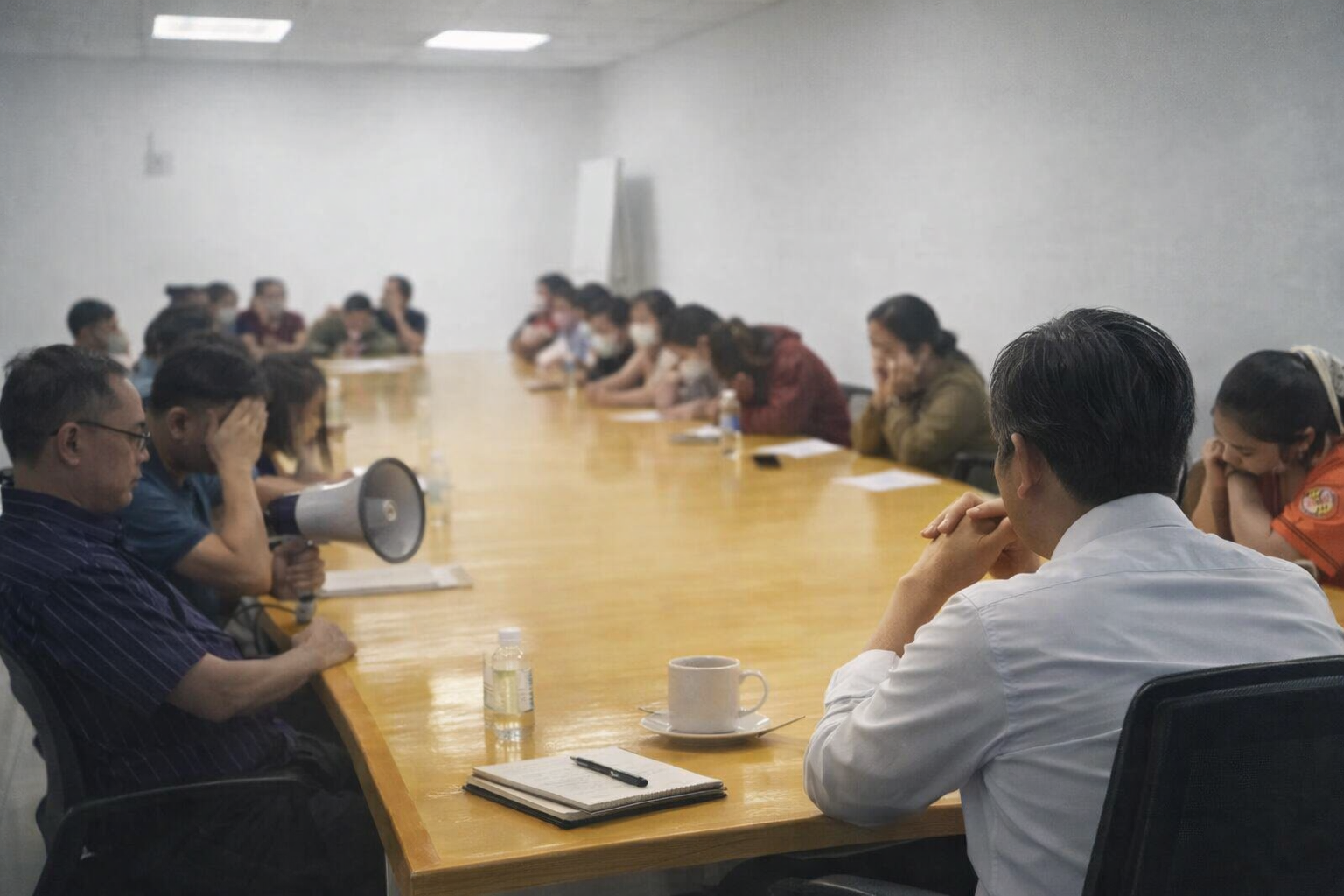 집단 행동 상황 속 회의실에서 조용히 마주 앉아 있는 관리자와 직원들 모습