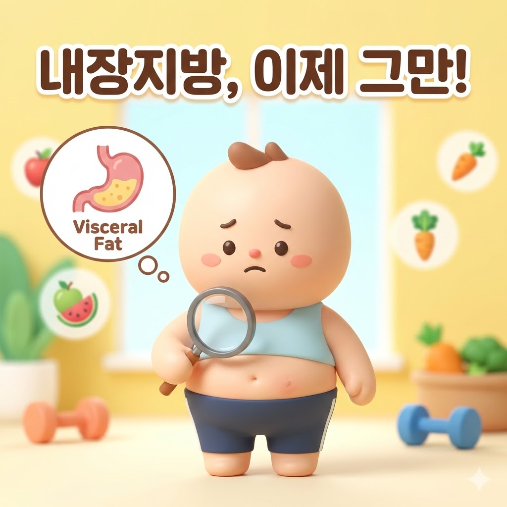 내장지방 때문에 걱정하는 귀여운 캐릭터와 '내장지방, 이제 그만!'이라는 문구가 있는 건강 관련 3D 카툰 일러스트.