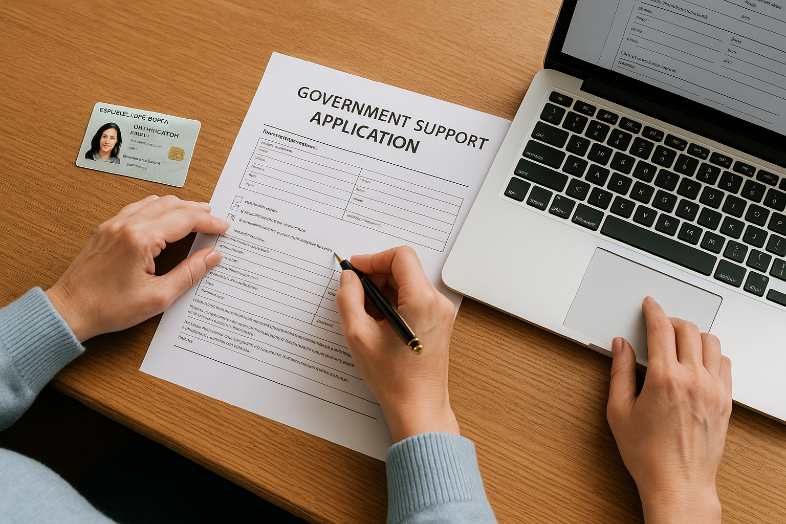 정부 지원금 신청 서류와 노트북을 앞에 두고 꼼꼼하게 확인하는 손 클로즈업