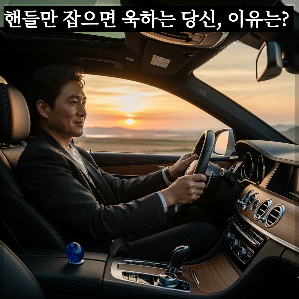 차분하고 세련된 자동차 실내에서 한국인 남성 운전자가 깊은 호흡을 하며 여유롭게 미소를 짓고 있는 모습. 차창 밖으로 평화로운 풍경이 보이며, 대시보드 위에는 마음을 안정시키는 푸른빛 수정이나 잎이 둥근 작은 식물이 놓여 있는 고화질 사진