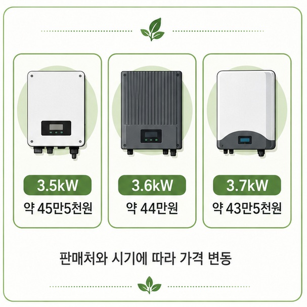 3.5kW와 3.6kW, 3.7kW 가정용 태양광 인버터의 공개 판매가격 사례를 비교해 용량과 판매처에 따라 가격이 달라짐을 보여 주는 그림