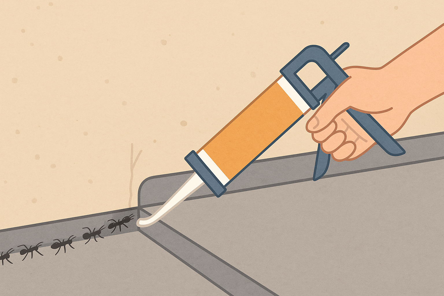 벽 틈 사이로 줄지어 이동하는 개미를 실리콘으로 막고 있는 손의 모습