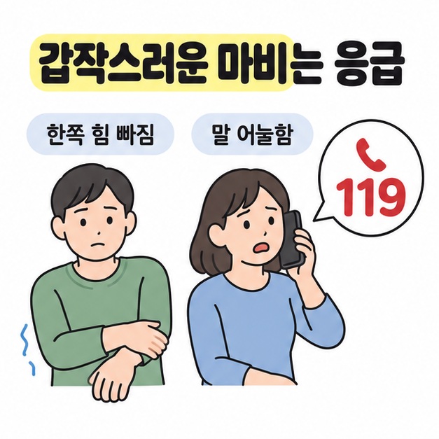 갑작스러운 한쪽 힘 빠짐과 말 어눌함이 있을 때 119로 응급 도움을 요청하는 장면