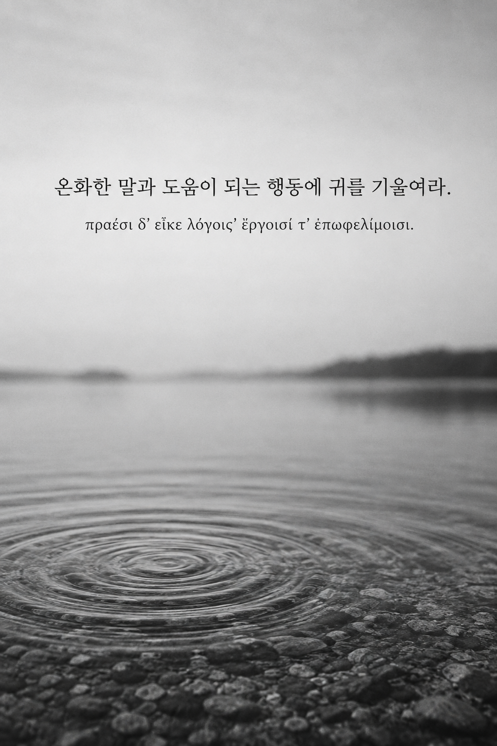 온화한 말과 도움이 되는 행동에 귀를 기울여라. 흑백 수면에 퍼지는 잔잔한 물결 배경에 한국어와 그리스어 원문을 담은 피타고라스 학파 명언 이미지