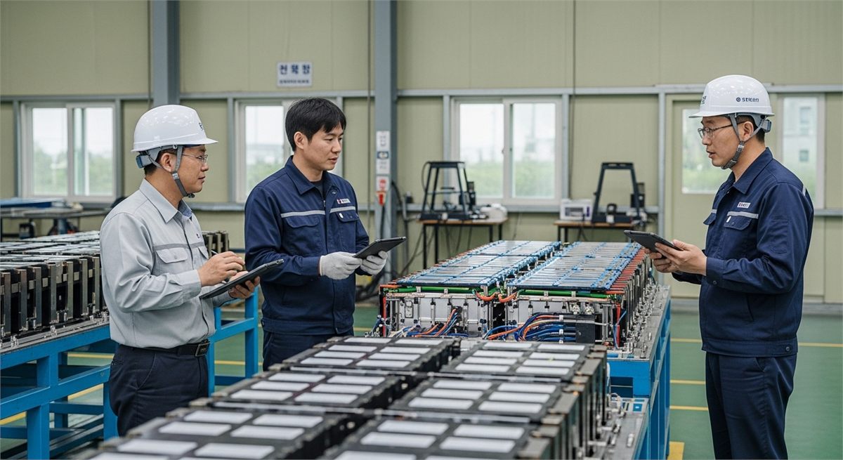 한국인 엔지니어들이 배터리 부품 앞에서 논의하는 모습 
